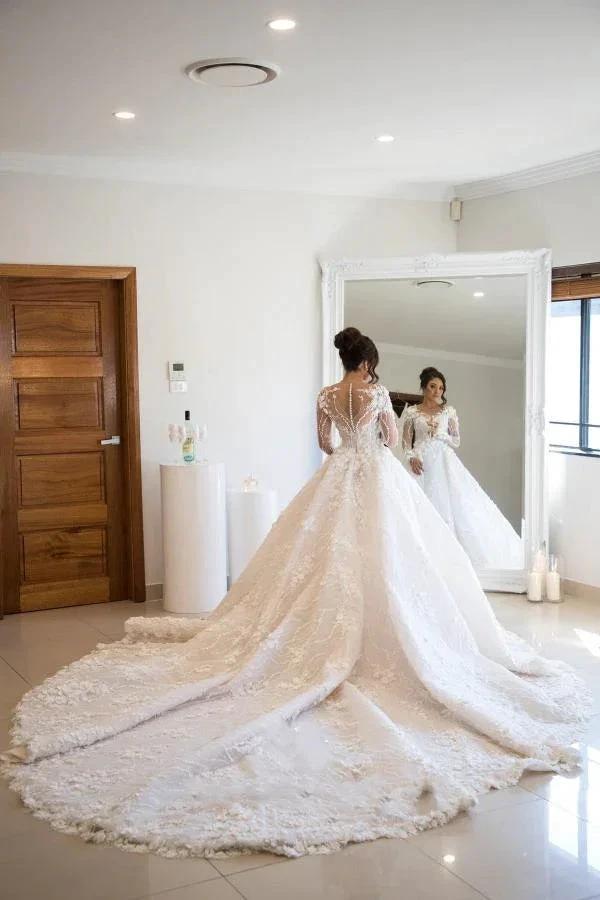 Gorgeous Long A-line Sweetheart Tulle Lace Open Back Wedding Dress with sleeves by BIZTUNNEL