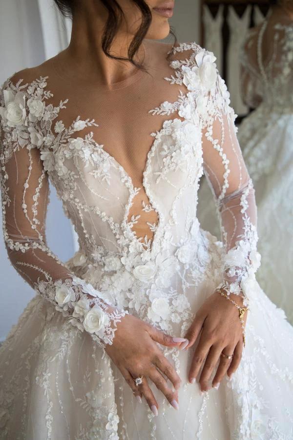 Gorgeous Long A-line Sweetheart Tulle Lace Open Back Wedding Dress with sleeves by BIZTUNNEL