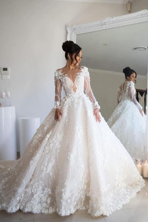 Gorgeous Long A-line Sweetheart Tulle Lace Open Back Wedding Dress with sleeves by BIZTUNNEL