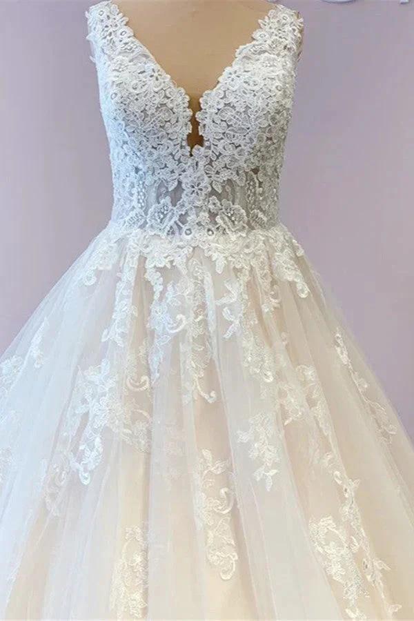 Gorgeous Long A-Line Tulle Wedding Dress With Appliques Lace by BIZTUNNEL