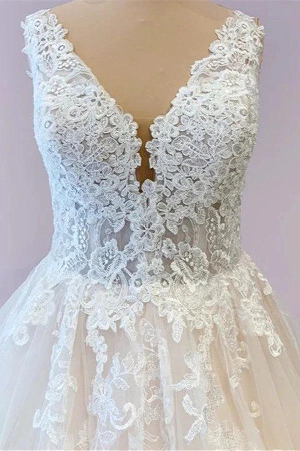 Gorgeous Long A-Line Tulle Wedding Dress With Appliques Lace by BIZTUNNEL
