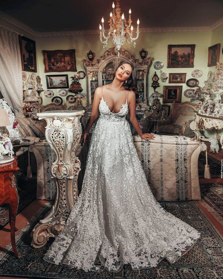 Gorgeous Long A-line V-neck 3D Floral Lace Wedding Dress by BIZTUNNEL