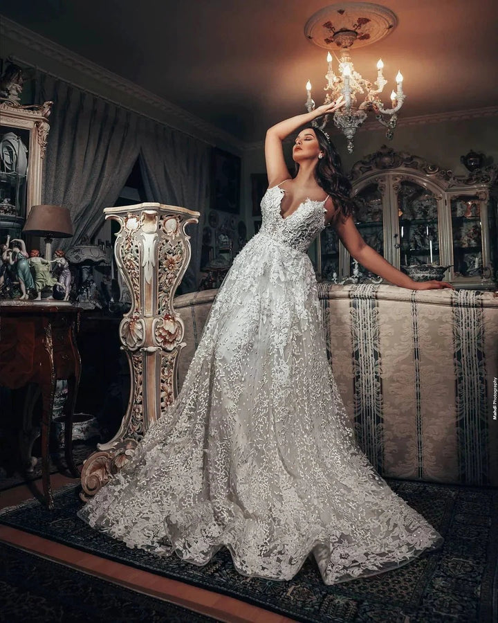 Gorgeous Long A-line V-neck 3D Floral Lace Wedding Dress by BIZTUNNEL