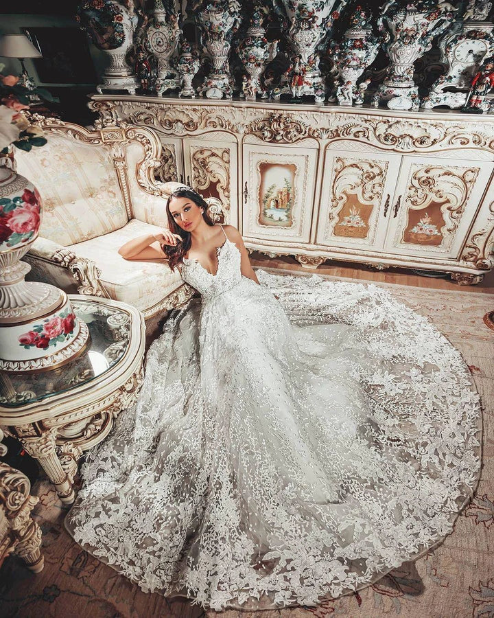 Gorgeous Long A-line V-neck 3D Floral Lace Wedding Dress by BIZTUNNEL