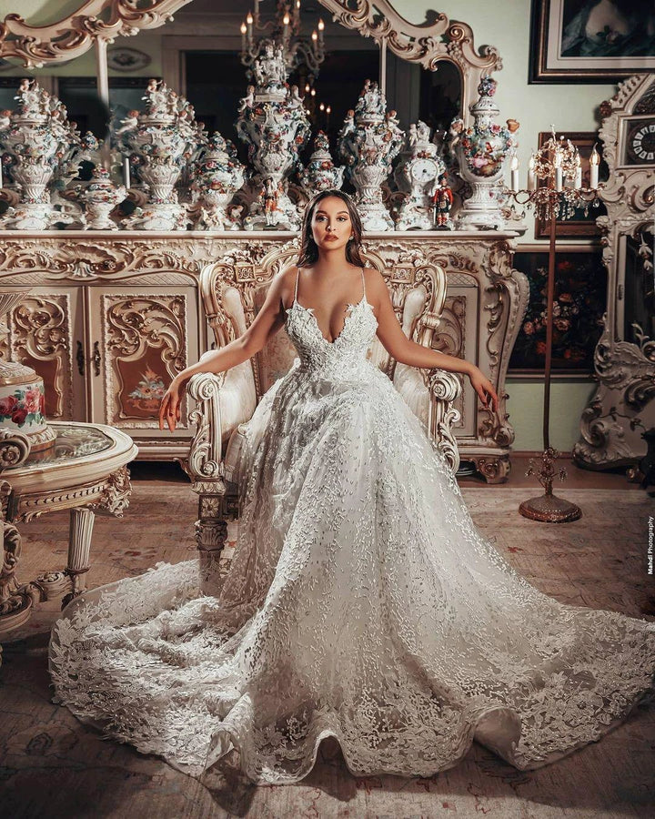 Gorgeous Long A-line V-neck 3D Floral Lace Wedding Dress by BIZTUNNEL