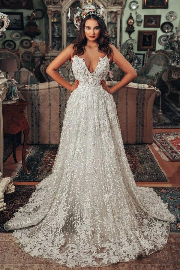 Gorgeous Long A-line V-neck 3D Floral Lace Wedding Dress by BIZTUNNEL