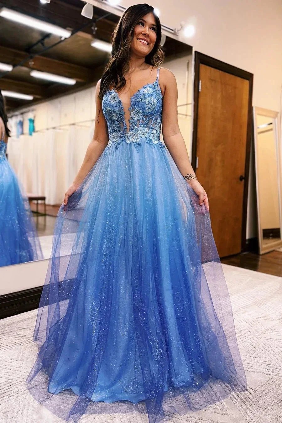 Gorgeous Long A-line V-neck Glitter Sleeveless Prom Dress With Appliques by misshow.com
