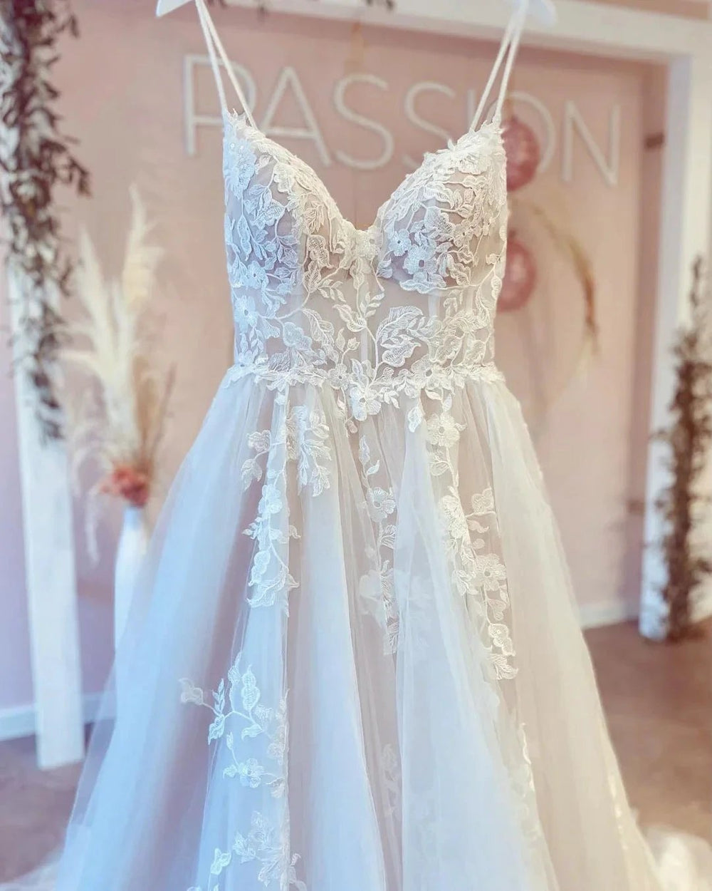Gorgeous Long A-line V-neck Spaghetti Straps Tulle Backless Wedding Dress by BIZTUNNEL