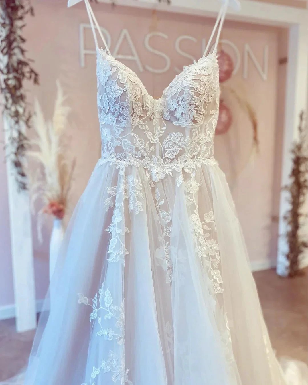 Gorgeous Long A-line V-neck Spaghetti Straps Tulle Backless Wedding Dress by BIZTUNNEL