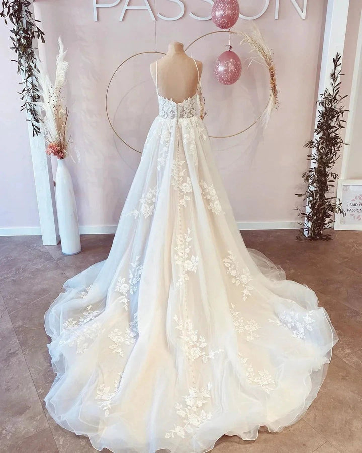 Gorgeous Long A-line V-neck Spaghetti Straps Tulle Backless Wedding Dress by BIZTUNNEL
