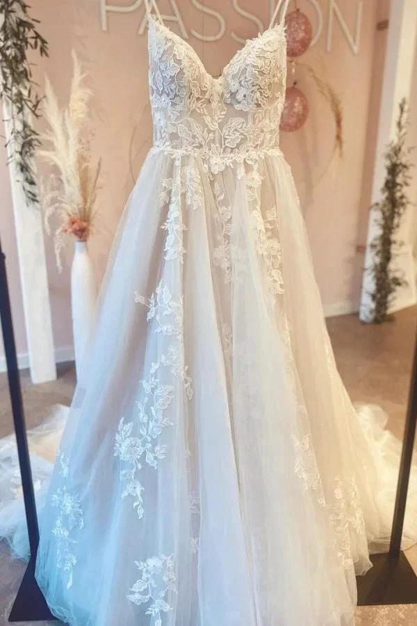 Gorgeous Long A-line V-neck Spaghetti Straps Tulle Backless Wedding Dress by BIZTUNNEL