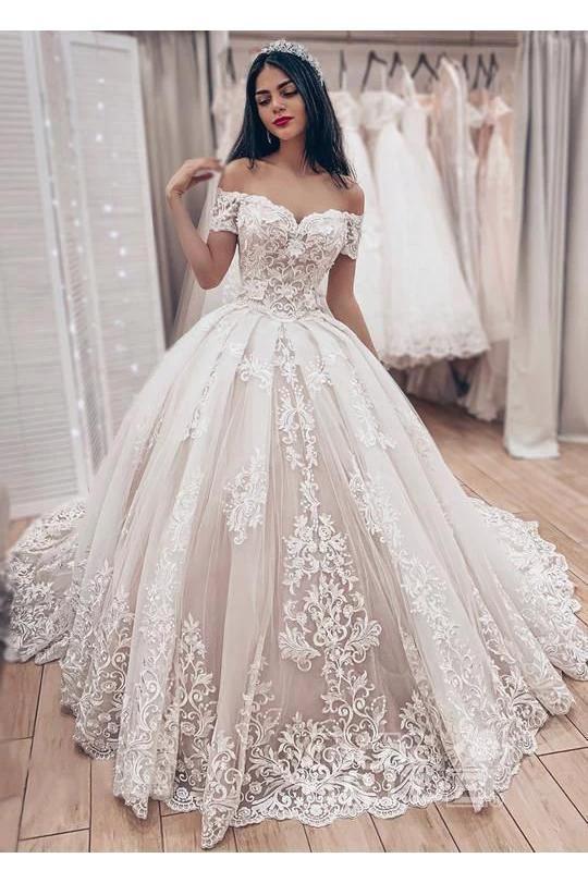 Gorgeous Long Ball Gown Off the Shoulder Lace Appliques Wedding Dress by BIZTUNNEL
