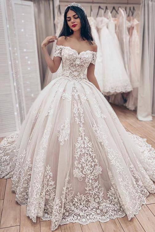 Gorgeous Long Ball Gown Off the Shoulder Lace Appliques Wedding Dress by BIZTUNNEL