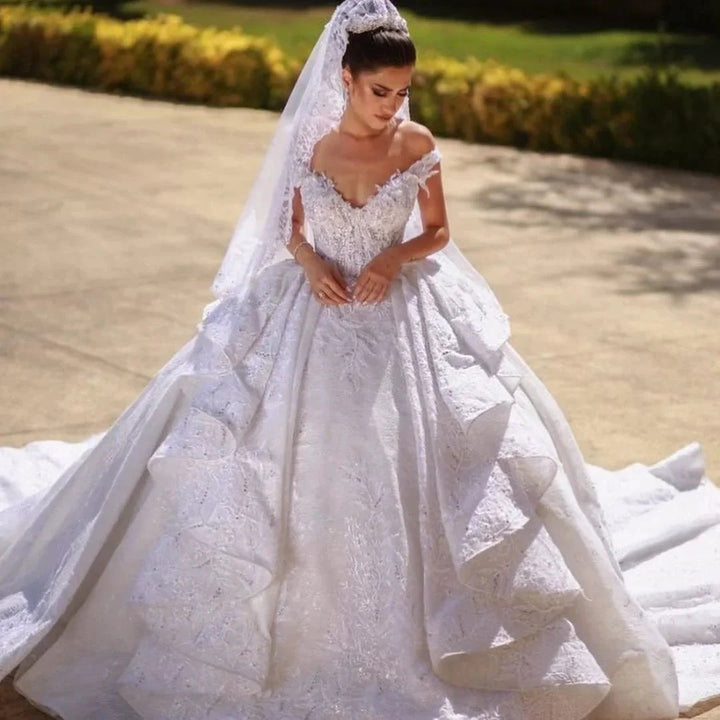 Gorgeous Long Ball Gown Off-the-shoulder Lace Wedding Dress by BIZTUNNEL