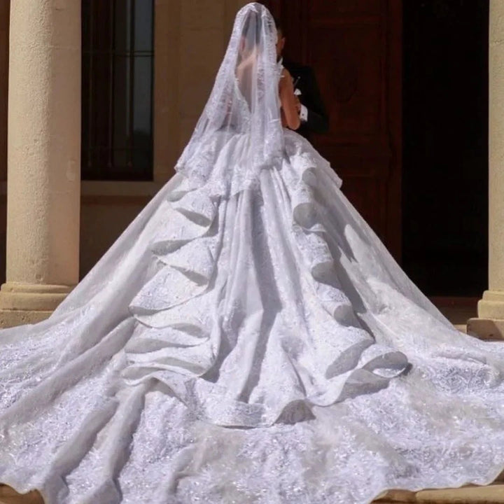 Gorgeous Long Ball Gown Off-the-shoulder Lace Wedding Dress by BIZTUNNEL