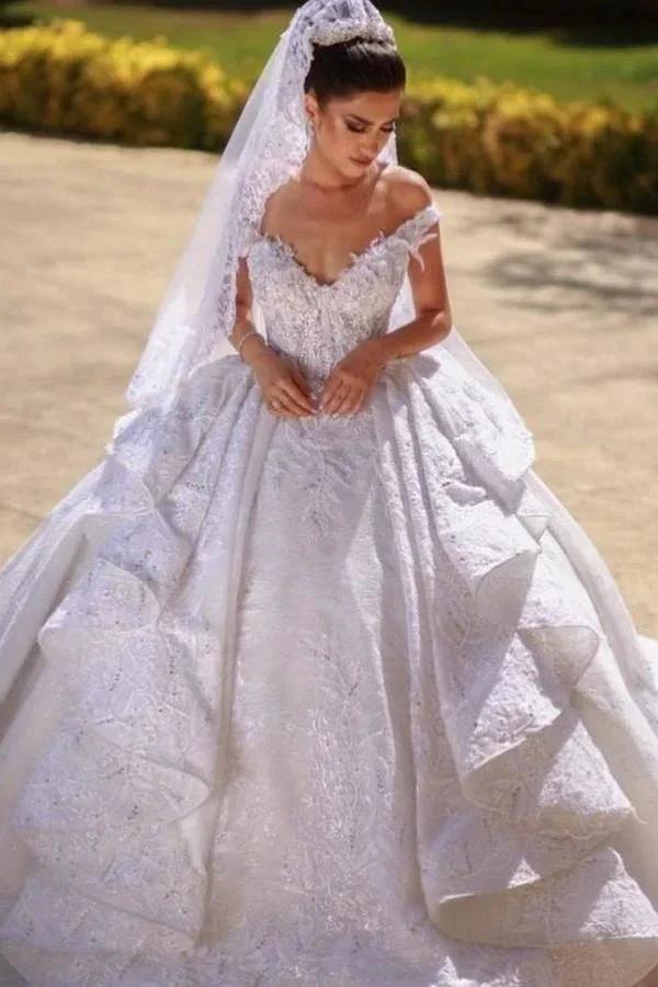 Gorgeous Long Ball Gown Off-the-shoulder Lace Wedding Dress by BIZTUNNEL