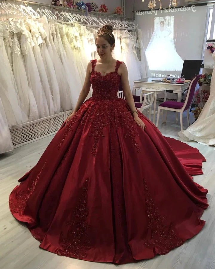 Gorgeous Long Ball Gown Sweetheart Appliques Lace Satin Prom Dress by BIZTUNNEL