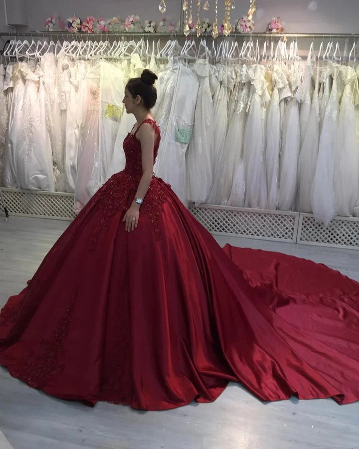 Gorgeous Long Ball Gown Sweetheart Appliques Lace Satin Prom Dress by BIZTUNNEL