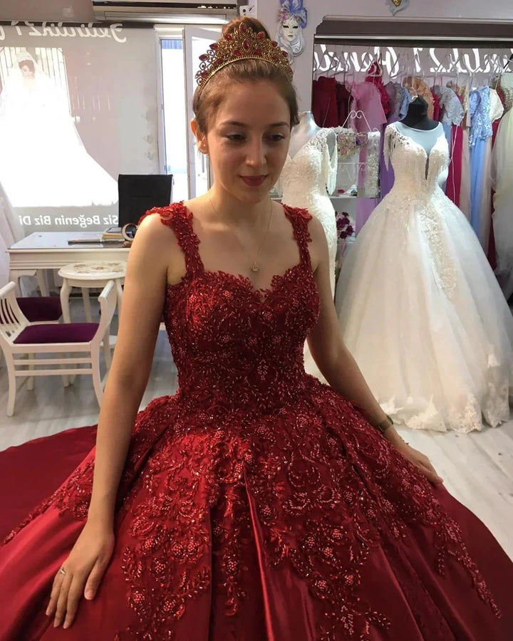 Gorgeous Long Ball Gown Sweetheart Appliques Lace Satin Prom Dress by BIZTUNNEL