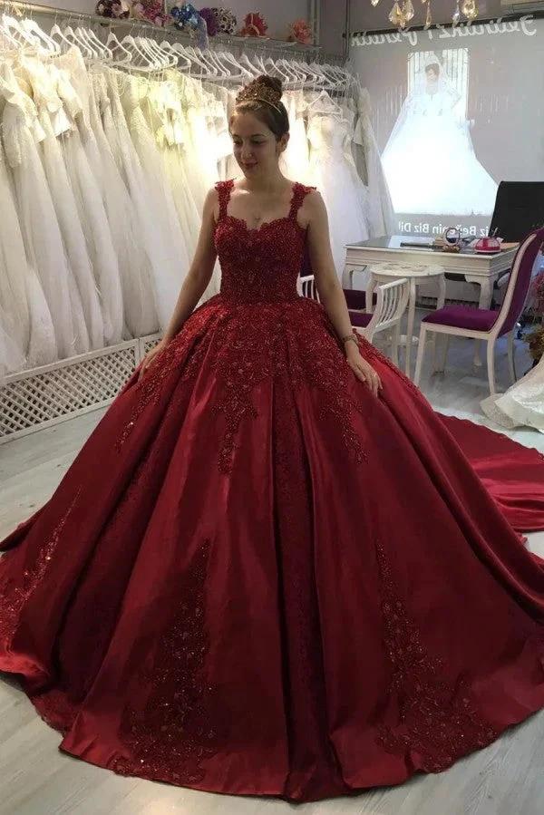 Gorgeous Long Ball Gown Sweetheart Appliques Lace Satin Prom Dress by BIZTUNNEL