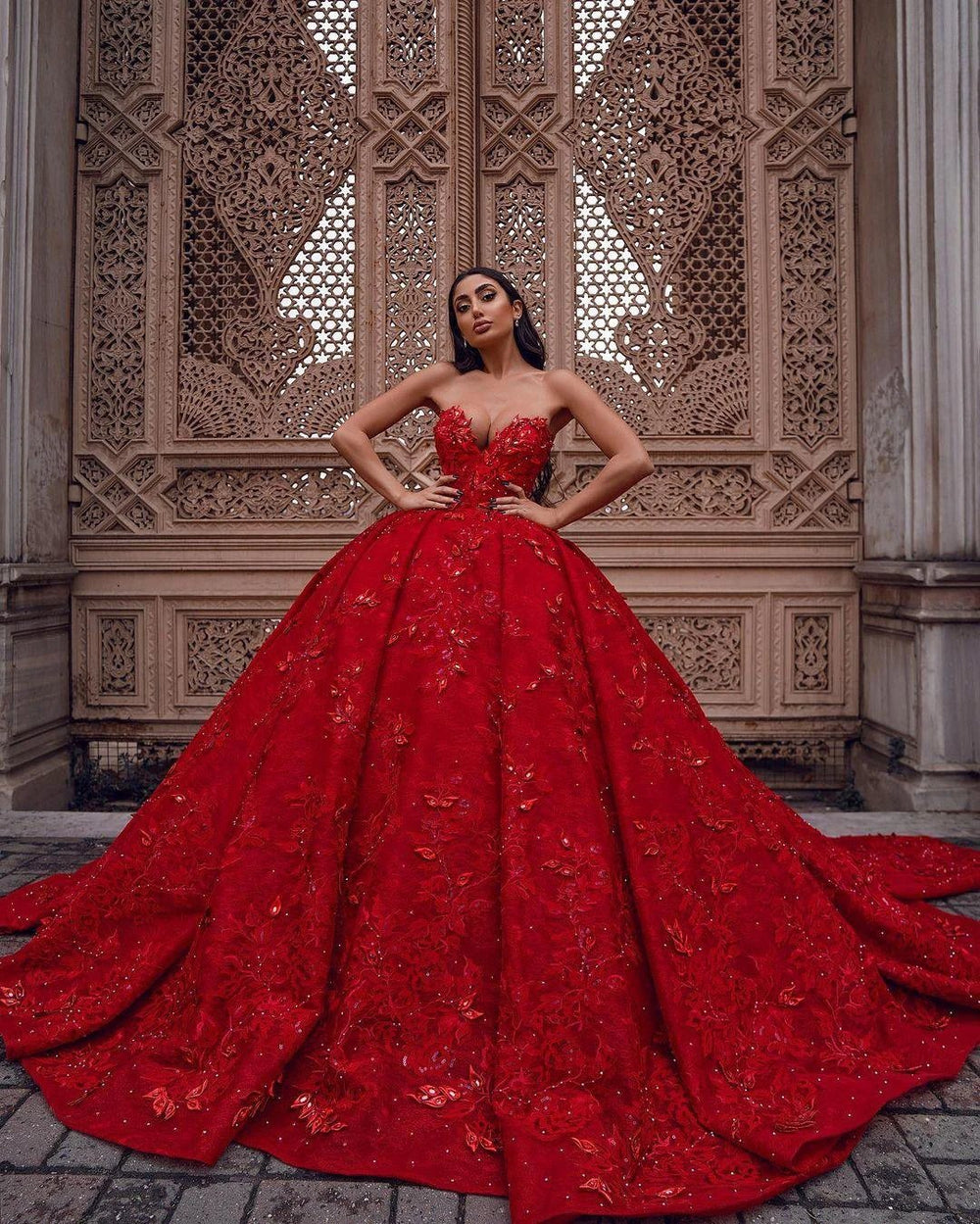 Gorgeous Long Ball Gown Sweetheart Satin Lace Red Prom Dress by BIZTUNNEL