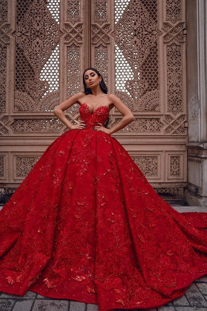 Gorgeous Long Ball Gown Sweetheart Satin Lace Red Prom Dress by BIZTUNNEL