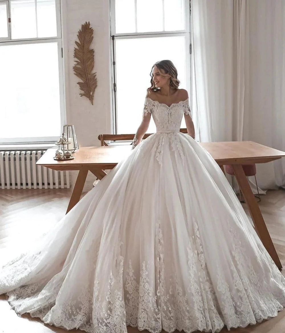 Gorgeous Long Ball Gowns Lace Tulle Wedding Dresses with Sleeves by BIZTUNNEL