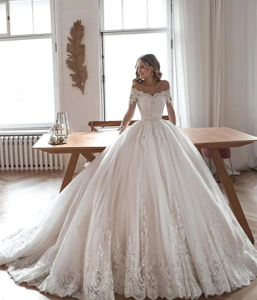 Gorgeous Long Ball Gowns Lace Tulle Wedding Dresses with Sleeves by BIZTUNNEL