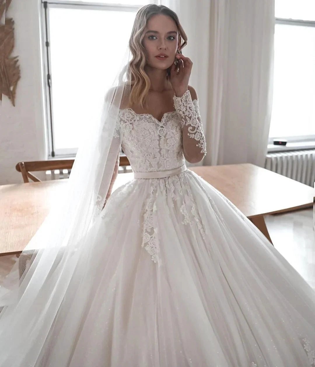 Gorgeous Long Ball Gowns Lace Tulle Wedding Dresses with Sleeves by BIZTUNNEL