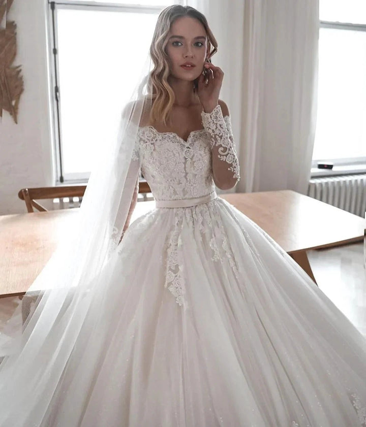 Gorgeous Long Ball Gowns Lace Tulle Wedding Dresses with Sleeves by BIZTUNNEL
