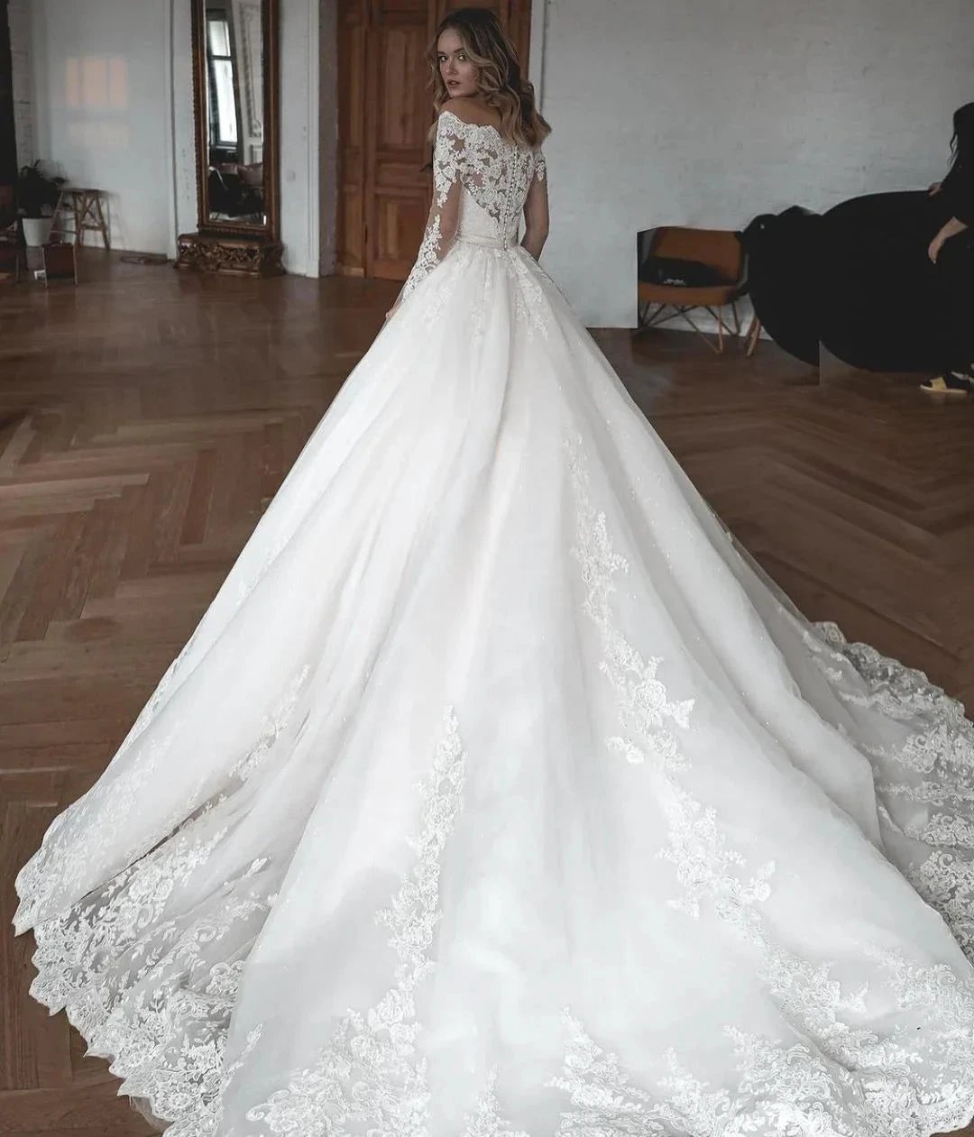 Gorgeous Long Ball Gowns Lace Tulle Wedding Dresses with Sleeves by BIZTUNNEL