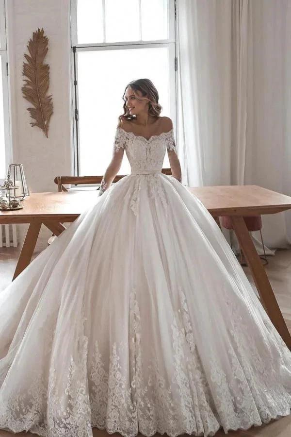 Gorgeous Long Ball Gowns Lace Tulle Wedding Dresses with Sleeves by BIZTUNNEL