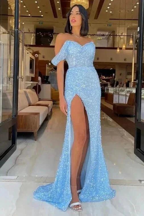 Gorgeous Long Blue Mermaid Off-the-shoulder Sequined Sleeveless Prom Dress With Slit by misshow.com