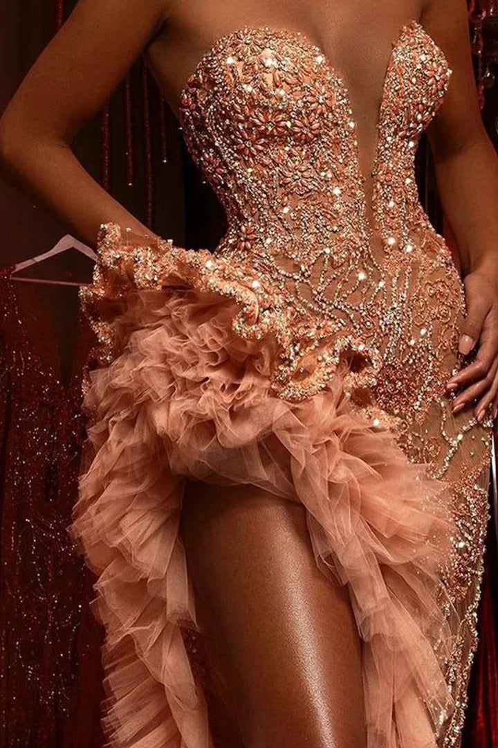Gorgeous Long Mermaid Beading Sleeveless Split Prom Dress With Ruffles by misshow.com