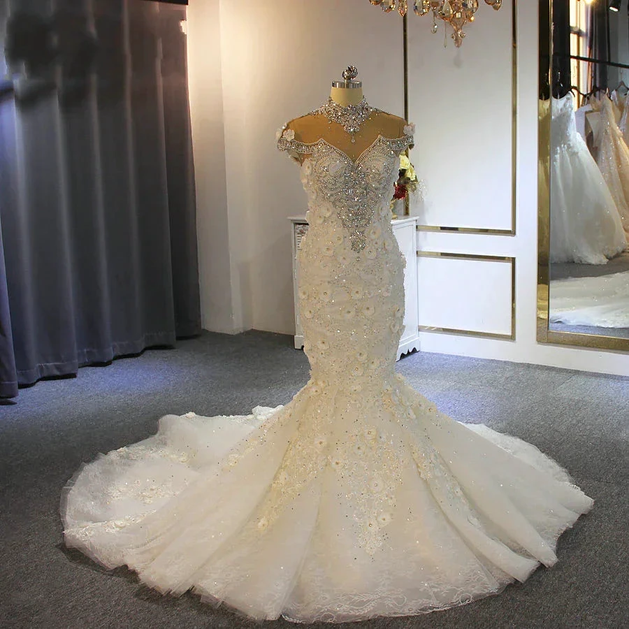 Gorgeous Long Mermaid High Neck Appliques Lace Crystal Tulle Wedding Dress by BIZTUNNEL