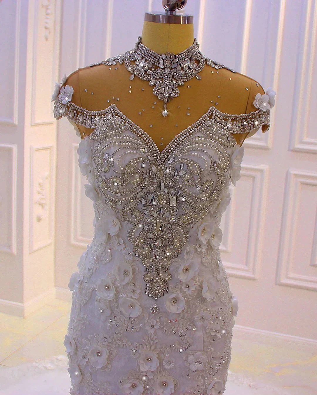 Gorgeous Long Mermaid High Neck Appliques Lace Crystal Tulle Wedding Dress by BIZTUNNEL