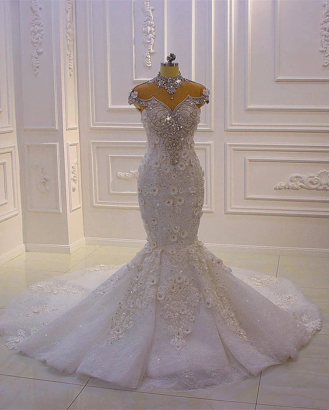 Gorgeous Long Mermaid High Neck Appliques Lace Crystal Tulle Wedding Dress by BIZTUNNEL