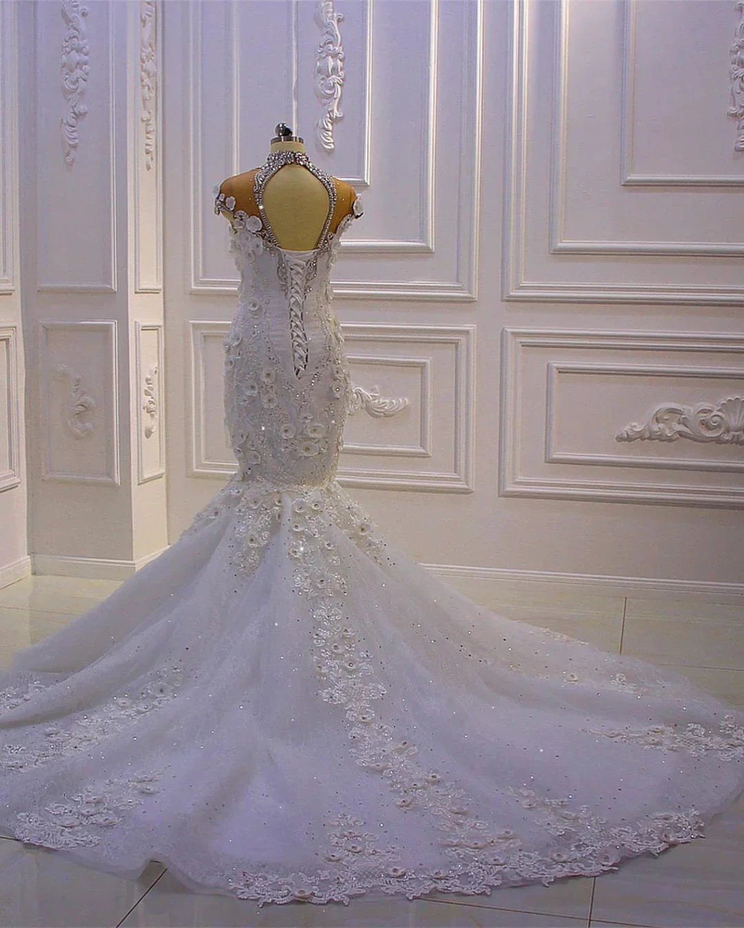 Gorgeous Long Mermaid High Neck Appliques Lace Crystal Tulle Wedding Dress by BIZTUNNEL