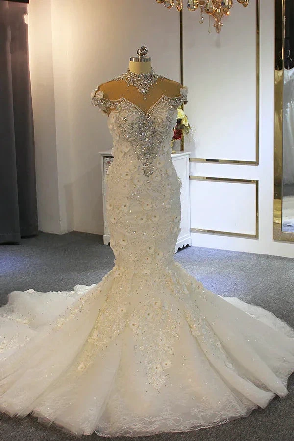 Gorgeous Long Mermaid High Neck Appliques Lace Crystal Tulle Wedding Dress by BIZTUNNEL