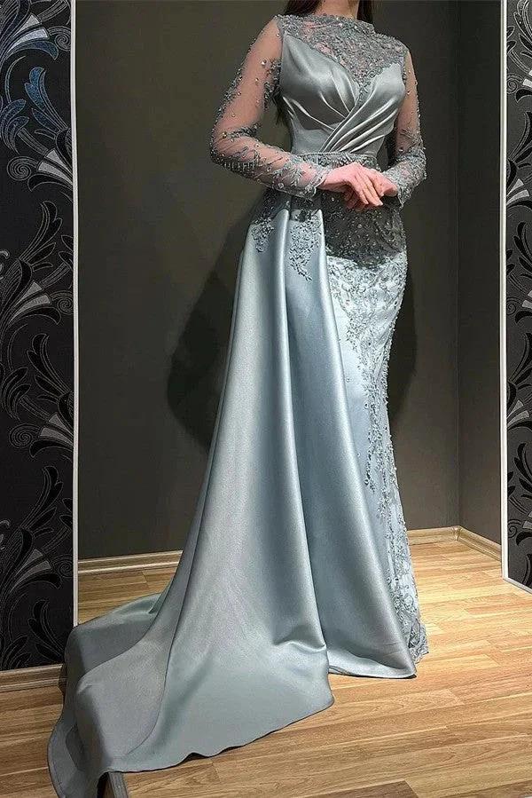 Gorgeous Long Mermaid Jewel Satin Appliques Lace Prom Dress with Sleeves by BIZTUNNEL