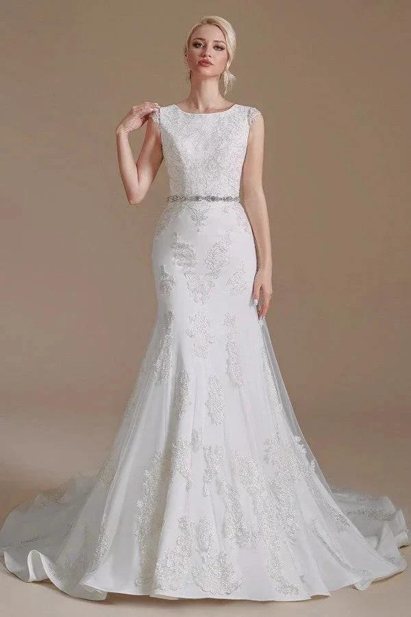 Gorgeous Long Mermaid Jewel Tulle Lace Wedding Dress by BIZTUNNEL