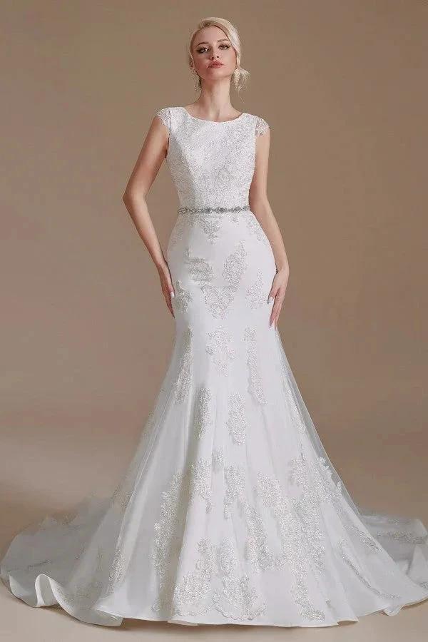 Gorgeous Long Mermaid Jewel Tulle Lace Wedding Dress by BIZTUNNEL