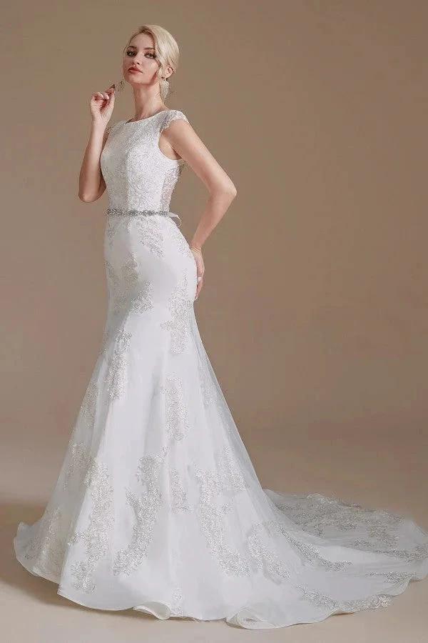 Gorgeous Long Mermaid Jewel Tulle Lace Wedding Dress by BIZTUNNEL