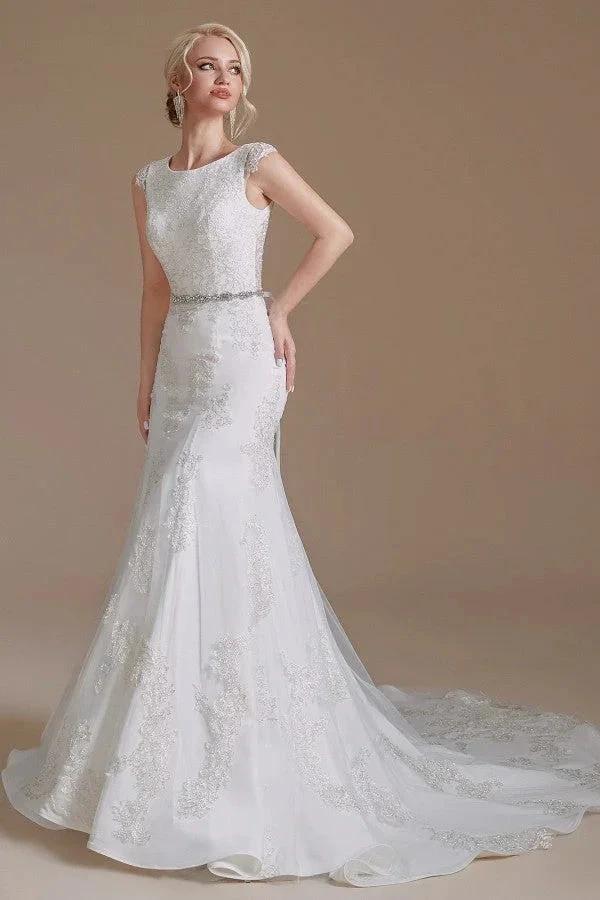 Gorgeous Long Mermaid Jewel Tulle Lace Wedding Dress by BIZTUNNEL