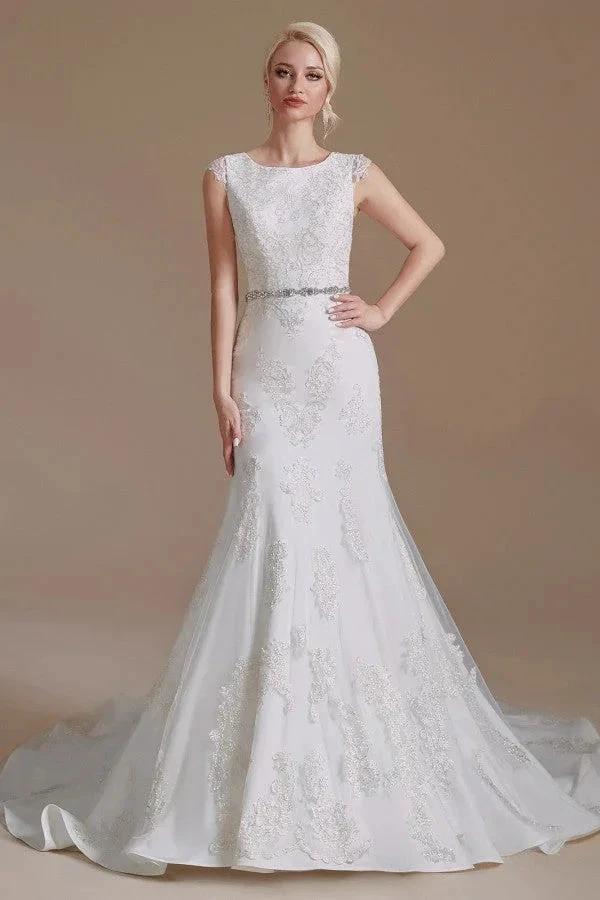 Gorgeous Long Mermaid Jewel Tulle Lace Wedding Dress by BIZTUNNEL