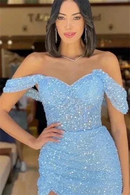 Gorgeous Long Mermaid Off-the-shoulder Sequined Formal Prom Dresses With Slit by BIZTUNNEL