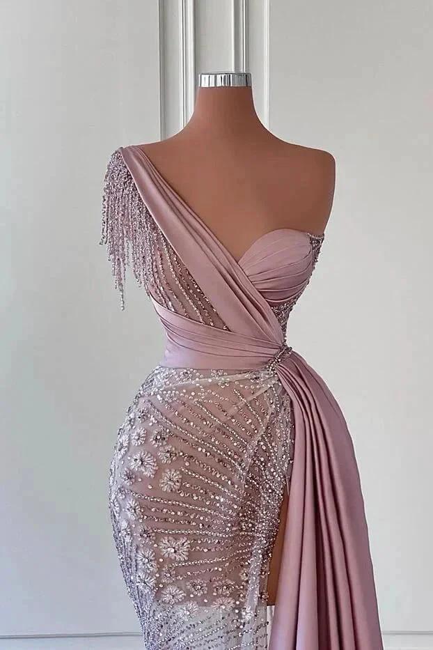 Gorgeous Long Mermaid One Shoulder Beading Sleeveless Prom Dress With Lace by misshow.com