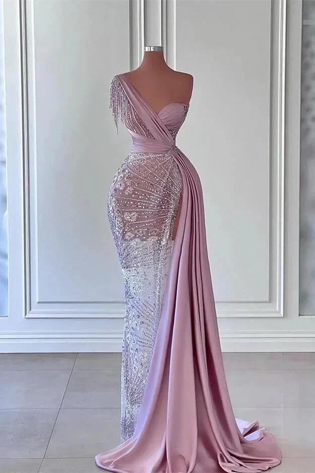 Gorgeous Long Mermaid One Shoulder Beading Sleeveless Prom Dress With Lace by misshow.com