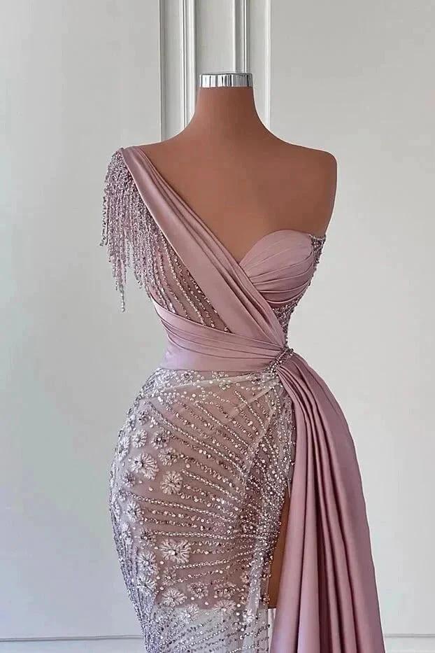 Gorgeous Long Mermaid One Shoulder Satin Beading Formal Prom Dresses by BIZTUNNEL
