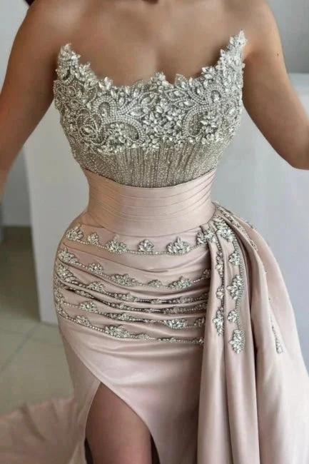 Gorgeous Long Mermaid Strapless Satin Jewels Prom Dress with Side Slit by misshow.com
